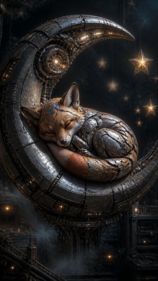 a sleeping baby fox curled on a crescent moon among soft stars, gentle and warm, no text