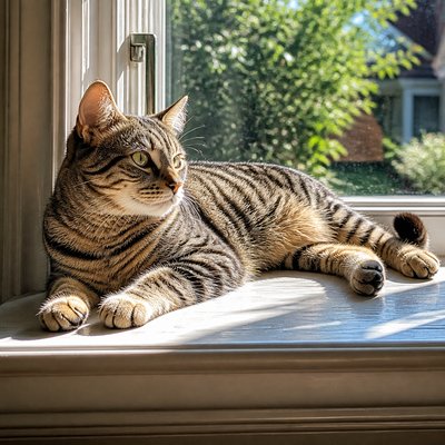 a cat lounging in a sunlit window