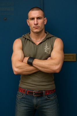 a man with his arms crossed standing in front of a blue wall