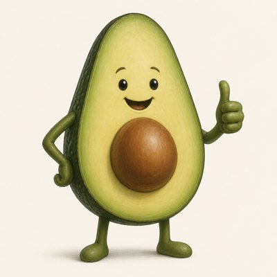 a happy avocado character giving a thumbs up, bold readable design on a plain background, no text