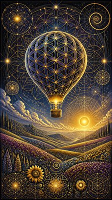 a hot air balloon drifting over rolling flower fields on a sunny day, cheerful, no text
