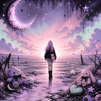 a solitary figure walking toward a glowing horizon across an empty plain, moody atmosphere, no text or lettering