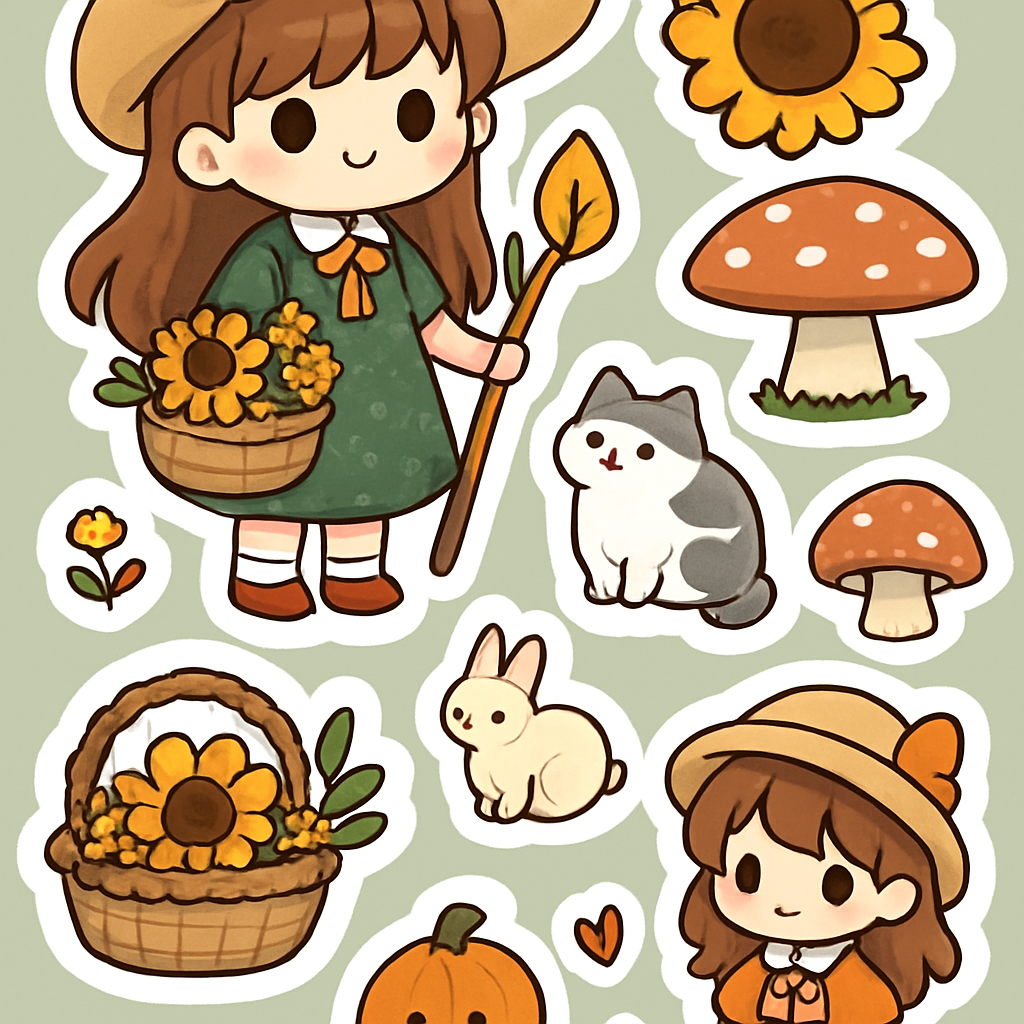 a sticker of a girl with a basket of flowers and a cat