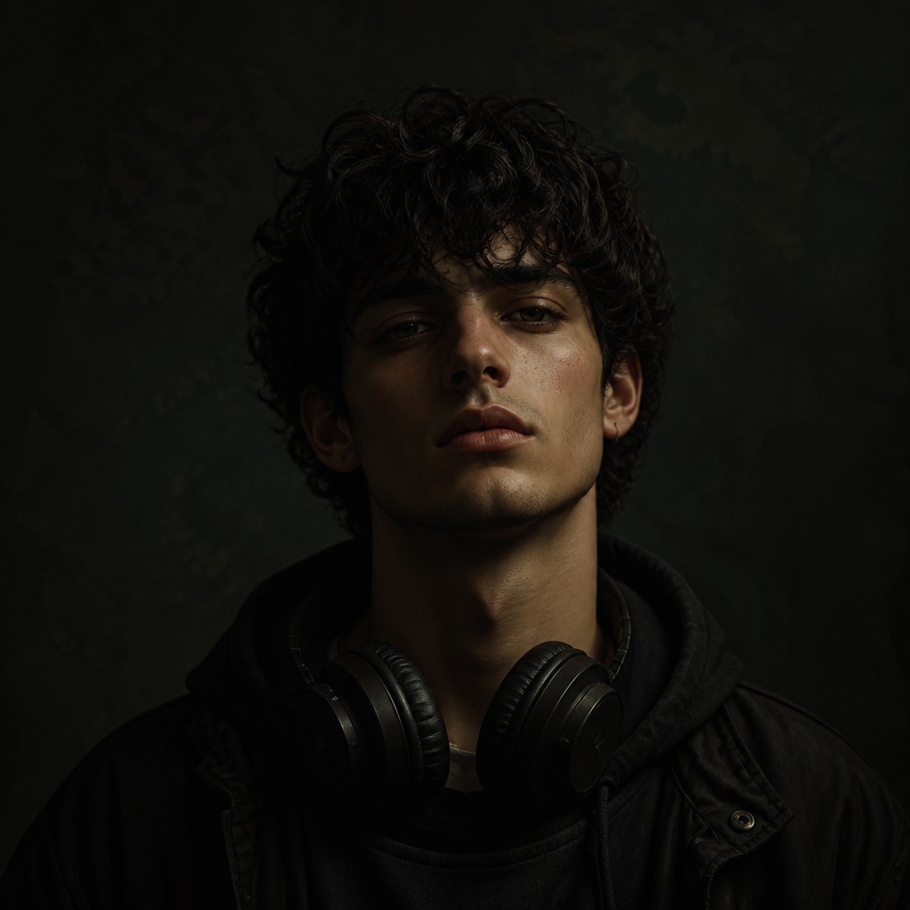 head-and-shoulders portrait of an original character: a young man with curly dark hair and headphones around his neck, plain backdrop, no text