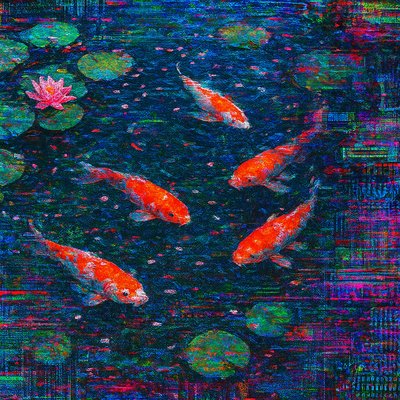 A koi pond seen from above, orange and white koi fish swimming among lily pads, clear water with subtle ripples, fallen cherry blossom petals floating on the surface, dappled sunlight