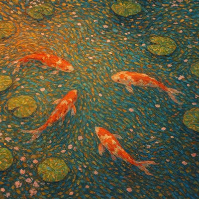A koi pond seen from above, orange and white koi fish swimming among lily pads, clear water with subtle ripples, fallen cherry blossom petals floating on the surface, dappled sunlight