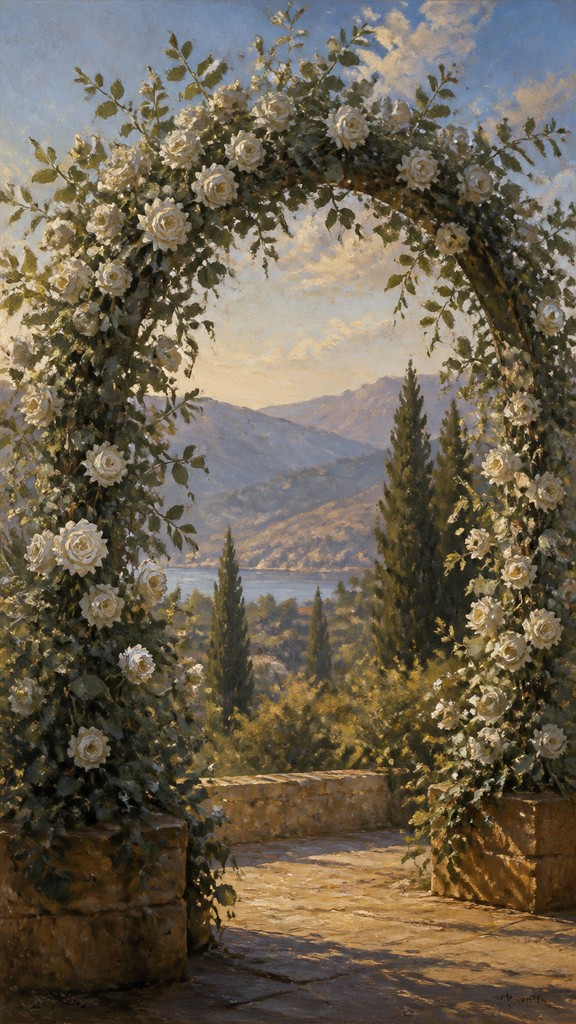 an arch of white roses and eucalyptus in soft morning light, elegant vertical composition with open space, no text