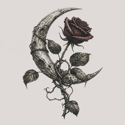 a rose entwined with a crescent moon, clean balanced composition on a plain background, no text