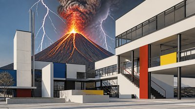 an erupting volcano with lightning strikes, dramatic wide composition, no text