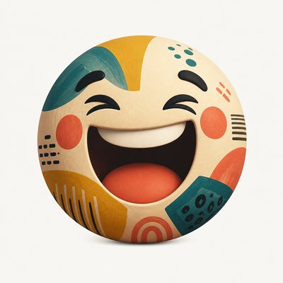 an exaggerated laughing face of an original round mascot character, bold and readable at small size, plain background, no text