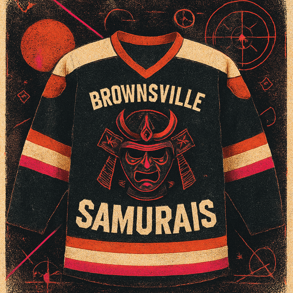 DESIGN ME A HOCKEY JERSEY WITH A SAMURAI BATTLE MASK HELMET FOR THE BROWNSVILLE SAMURAIS