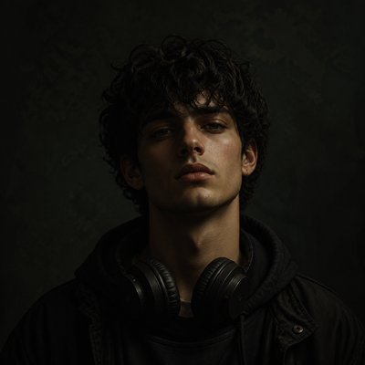 head-and-shoulders portrait of an original character: a young man with curly dark hair and headphones around his neck, plain backdrop, no text