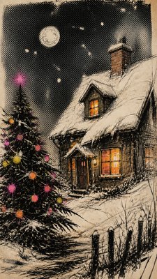 a snow-covered cottage with warm glowing windows beside a decorated pine tree, gentle snowfall, no text