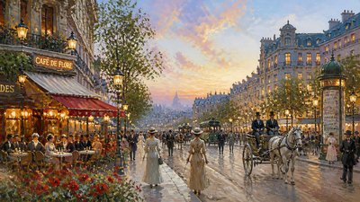 bustling city street panorama at dusk