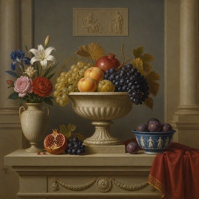 still life arrangement of fruits and flowers