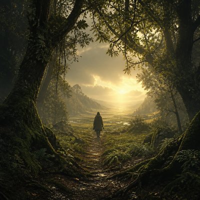 a solitary figure walking toward a glowing horizon across an empty plain, moody atmosphere, no text or lettering