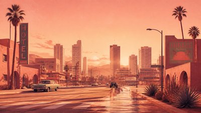 bustling city street panorama at dusk