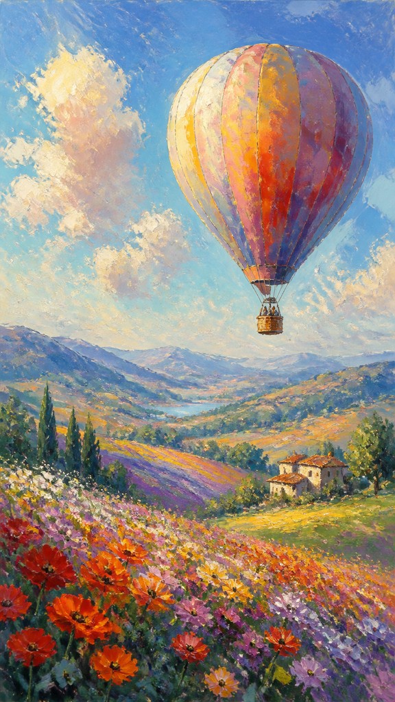a hot air balloon drifting over rolling flower fields on a sunny day, cheerful, no text
