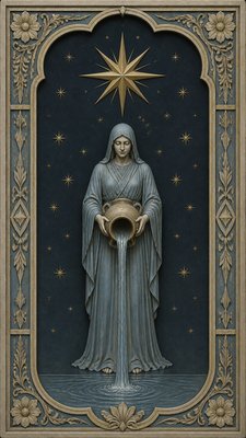 a robed figure pouring water beneath a large eight-pointed star in a night sky, symmetrical composition with an ornate decorative border, no text