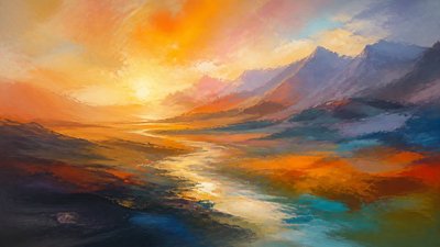 a vast valley with a river winding toward distant mountains at sunrise, no people, no text