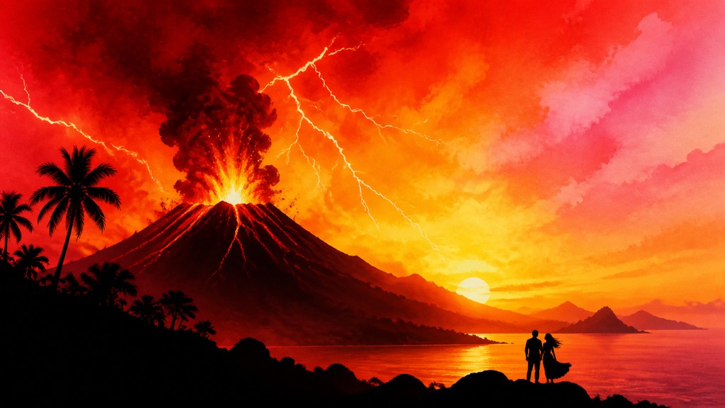 an erupting volcano with lightning strikes, dramatic wide composition, no text