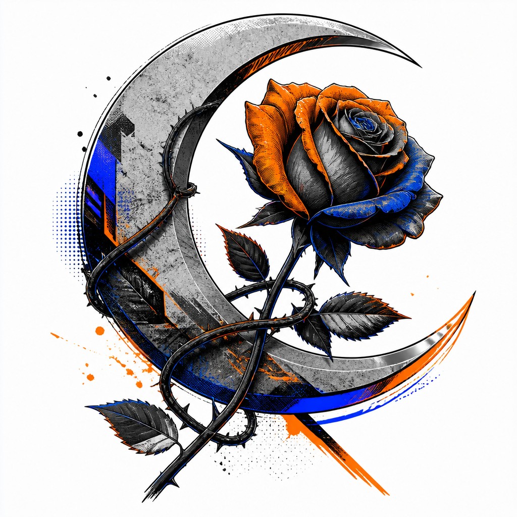 a rose entwined with a crescent moon, clean balanced composition on a plain background, no text