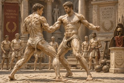 a couple of men standing next to each other in front of a statue