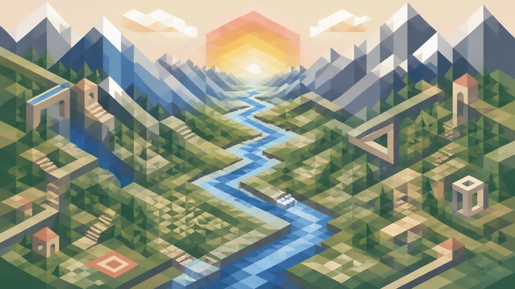 a vast valley with a river winding toward distant mountains at sunrise, no people, no text