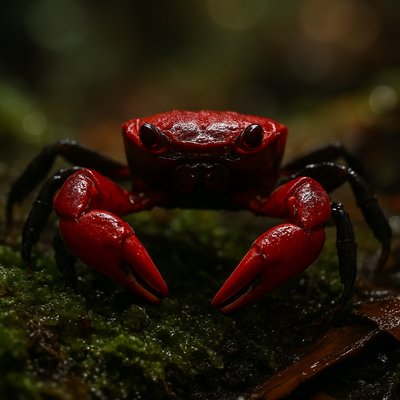 A red devil vampire crab with a red and black body and claws, and black legs, perched on a mossy stream bank, surrounded by glistening damp moss, wet leaf litter, jungle twilight, ultra-realistic macro wildlife photography, cinematic volumetric light,