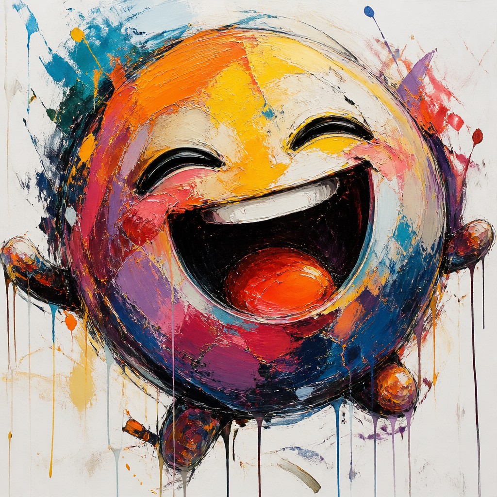 an exaggerated laughing face of an original round mascot character, bold and readable at small size, plain background, no text