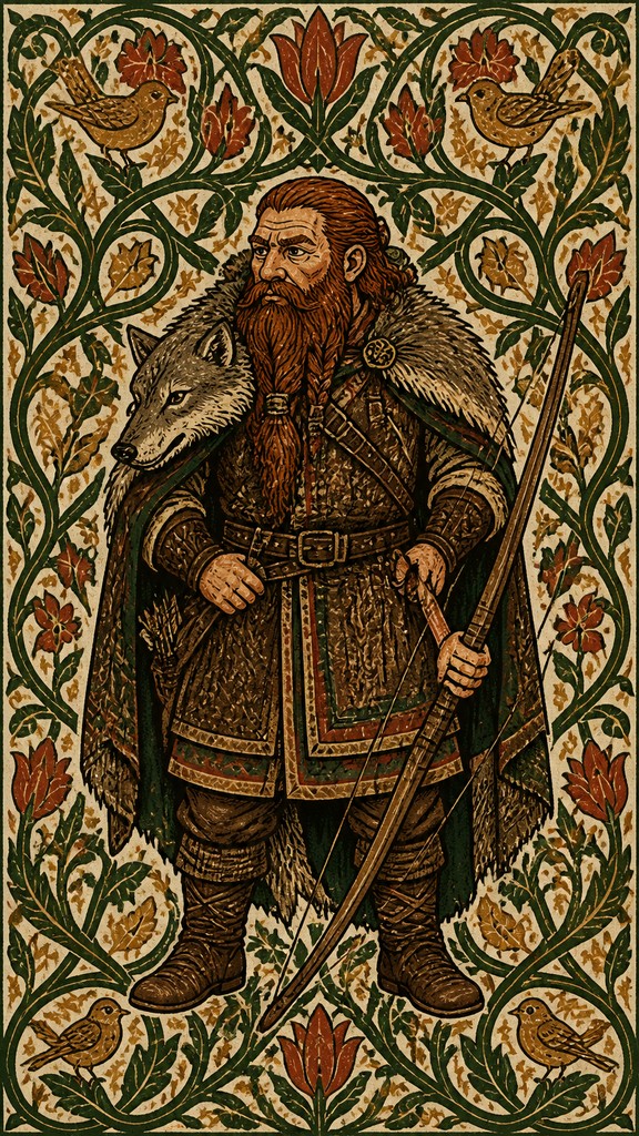 full-body original character: a dwarven ranger with a braided auburn beard, worn leather armor, a longbow and a wolf-pelt cloak, neutral background, no text