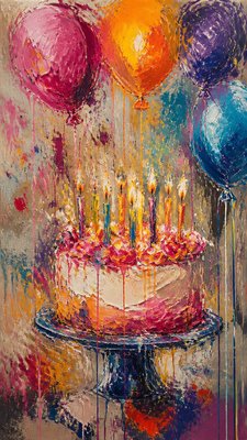 a birthday cake with lit candles surrounded by balloons and confetti, festive vertical composition, no text