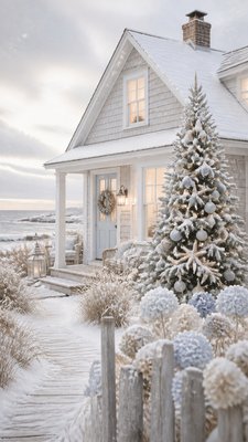 a snow-covered cottage with warm glowing windows beside a decorated pine tree, gentle snowfall, no text