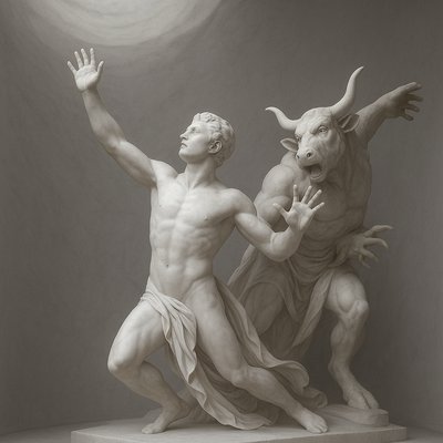 a statue of two men fighting over a bull