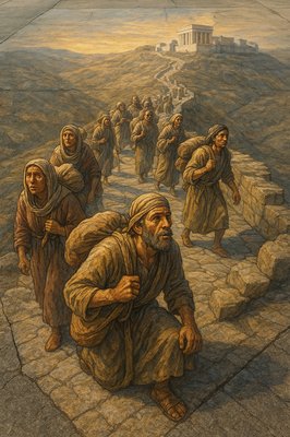 In Old Testament times a group of 12 - 15 Hebrew men and women on pilgrimage ascend a steep road toward Jerusalem and the Temple, headed for the feast of the Passover.  They each carry their own bag, sachel or bedroll.  Anticipation fills the air as the set out on their journey.