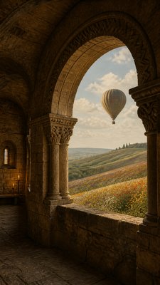 a hot air balloon drifting over rolling flower fields on a sunny day, cheerful, no text