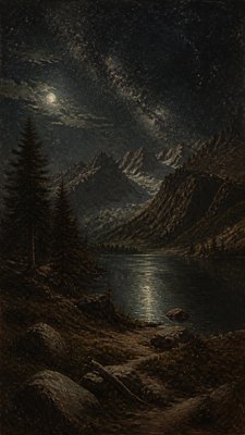 a tranquil mountain lake beneath a starry night sky, no people, no text