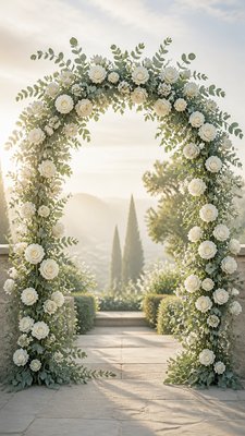 an arch of white roses and eucalyptus in soft morning light, elegant vertical composition with open space, no text