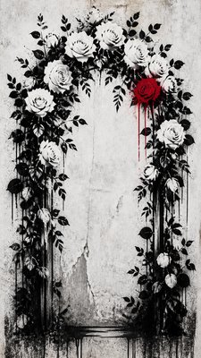 an arch of white roses and eucalyptus in soft morning light, elegant vertical composition with open space, no text