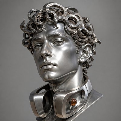head-and-shoulders portrait of an original character: a young man with curly dark hair and headphones around his neck, plain backdrop, no text