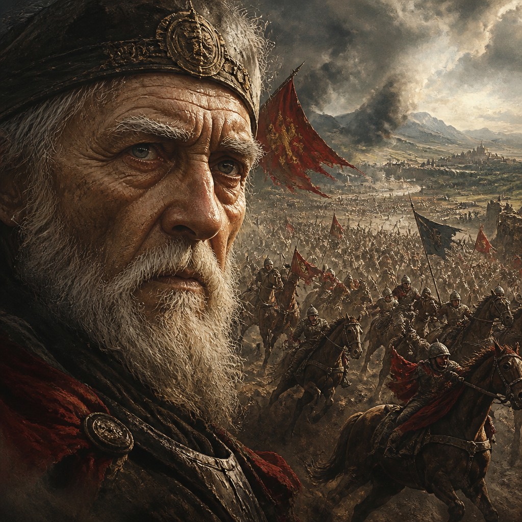 close-up portrait of an elderly person with expressive weathered features — Battle Scene Painting Style