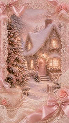 a snow-covered cottage with warm glowing windows beside a decorated pine tree, gentle snowfall, no text