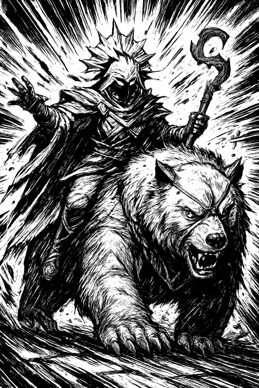 a black and white drawing of a man riding a bear
