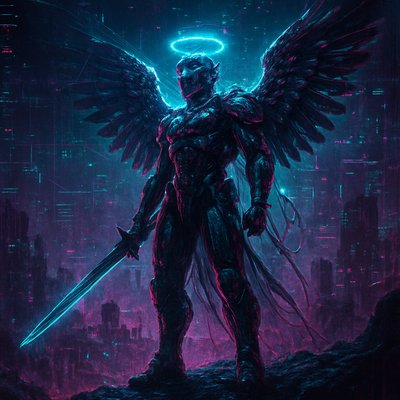 A futuristic cybernetic, dystopian, angel warrior, on a mountain top overlooking a deserted, broken city. Ultra-realistic. Extreme detail.