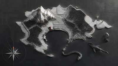 a map of an island realm with mountains, forests, a sheltered bay, sea monsters in the water and a compass rose, no text labels