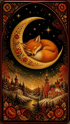 a sleeping baby fox curled on a crescent moon among soft stars, gentle and warm, no text