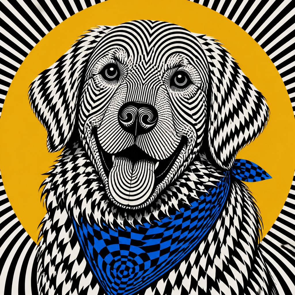 portrait of a golden retriever wearing a blue bandana, warm plain backdrop, no text