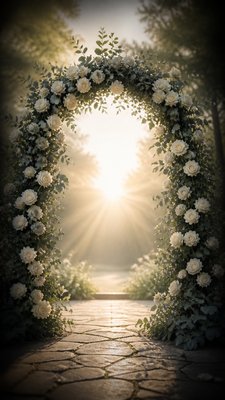 an arch of white roses and eucalyptus in soft morning light, elegant vertical composition with open space, no text