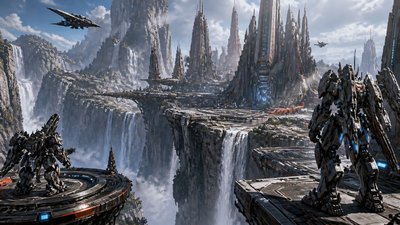a cliffside city with waterfalls cascading into a misty canyon, wide establishing shot, no people, no text