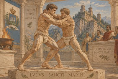 a painting of two men fighting in front of a group of people